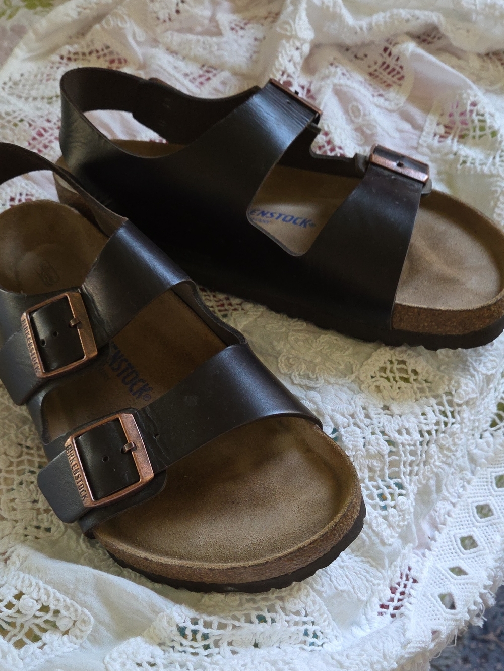 Birkenstock Dark Brown Two-Strap Men’s Sandals with Copper Buckles